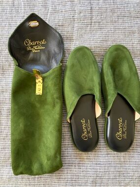 Brand New, never worn Charvet Green Suede Men’s Slip-On Loafers with Pouch
